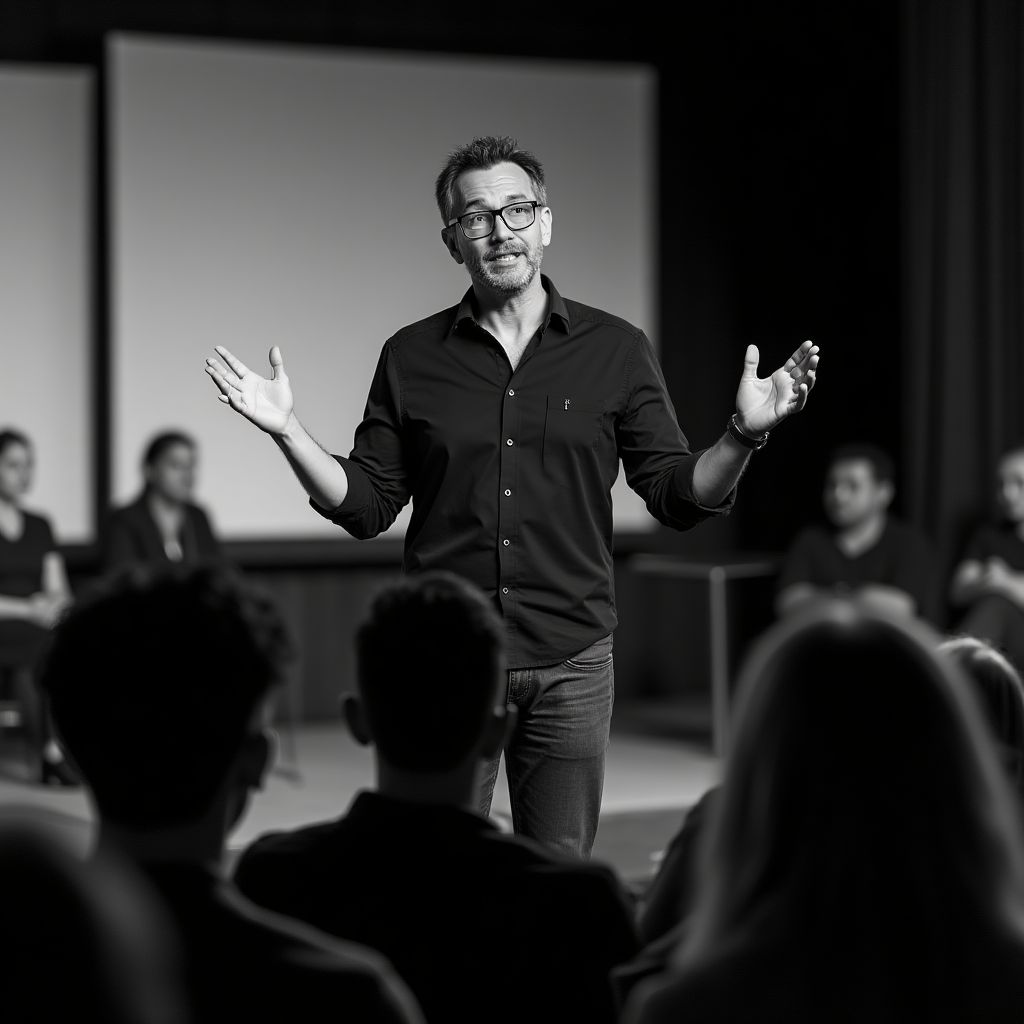 Liderlik atölyesinde konuşma yapan bir koç.